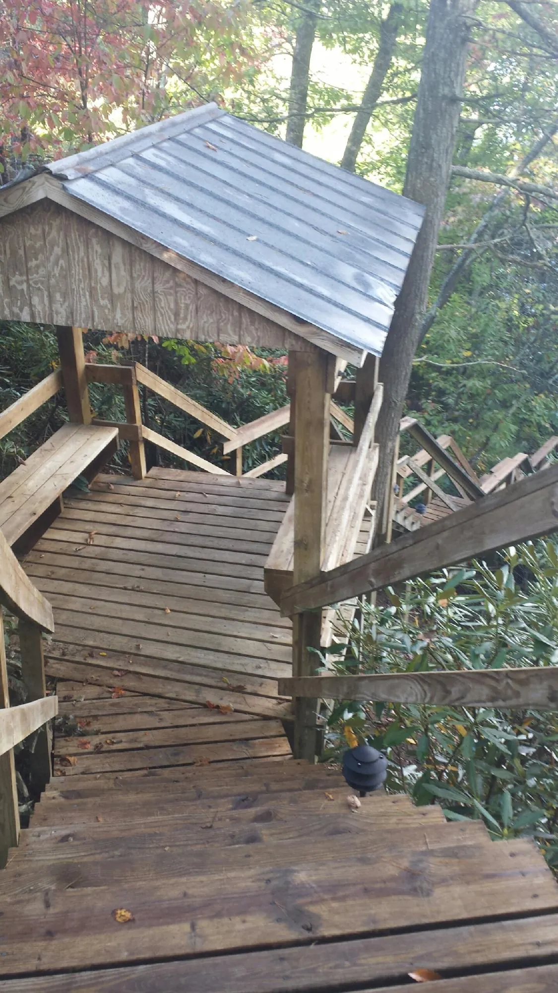 Metal roofed shelter over wooden steps on a wooded walkway — Skylight Repair & Installation work by our crew in Firestone